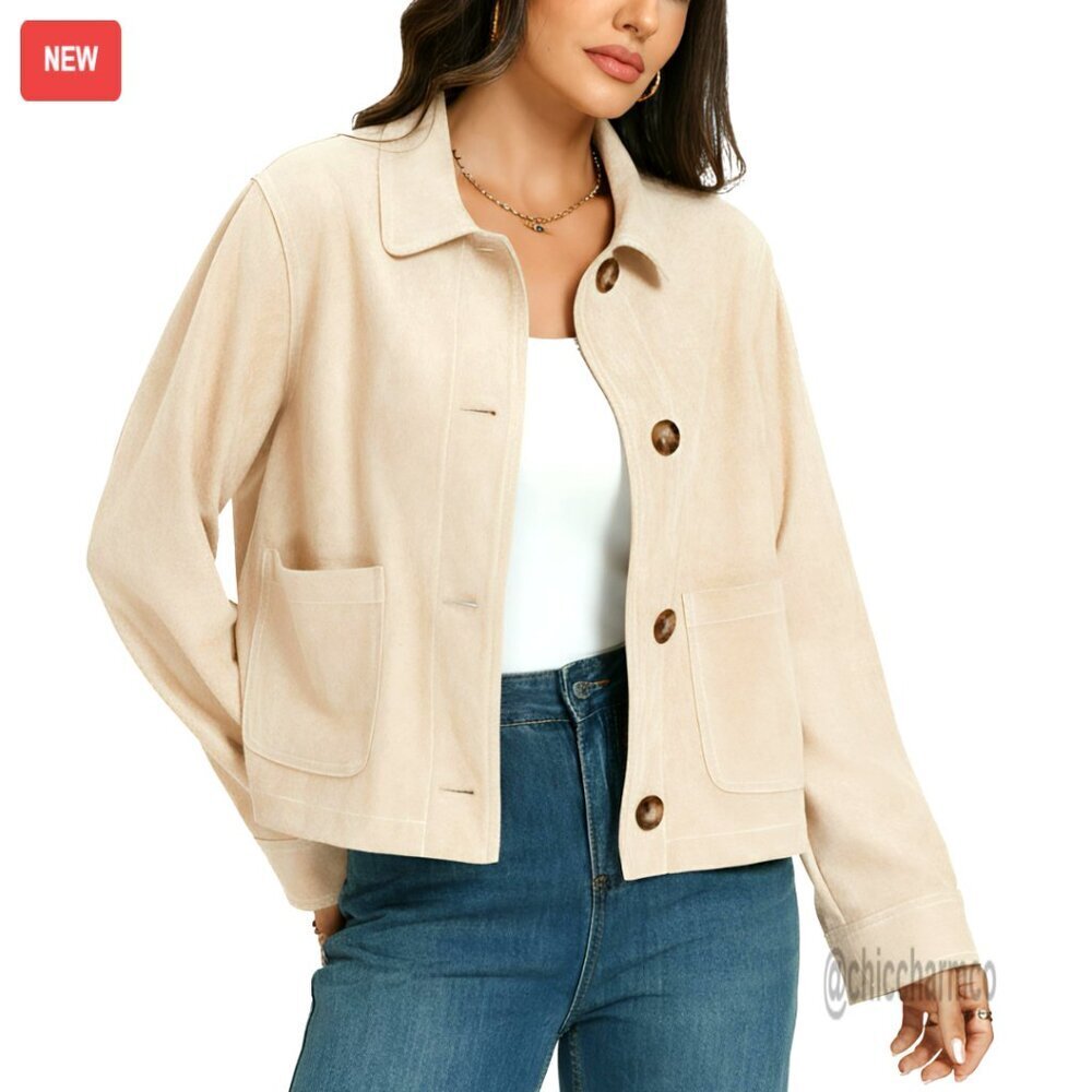 Faux Suede Bomber Jacket Cropped Casual Button Down Leather Coat Outerwear